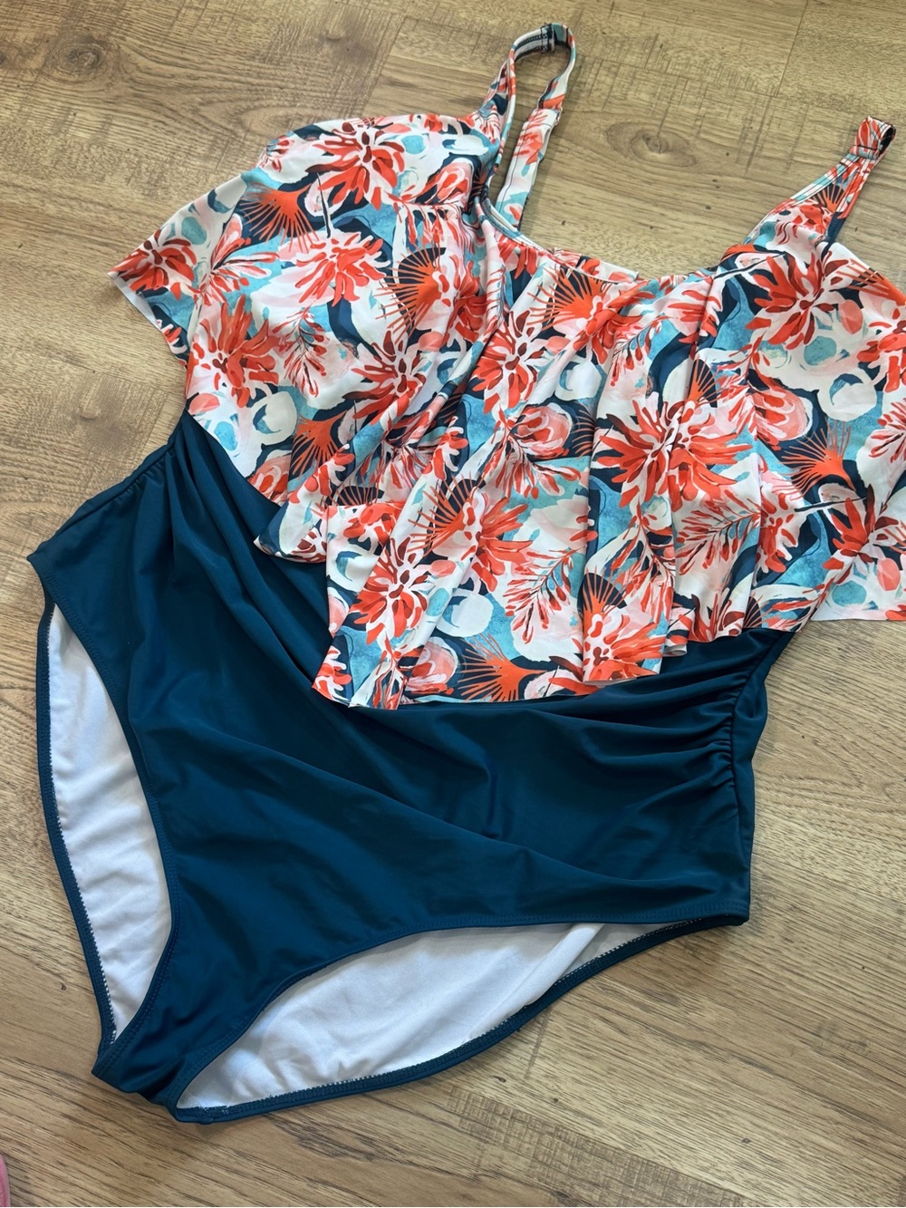 BloomChic Floral Flutter One-Piece Swimsuit - Navy & Coral - Picture 2 of 3